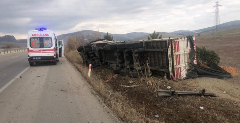 Talaş yüklü kamyon devrildi 1 kişi yaralandı